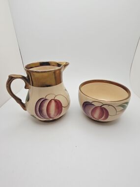 Vintage Wade England Harvest Ware Creamer and Sugar Bowl Set Copper Luster Plum